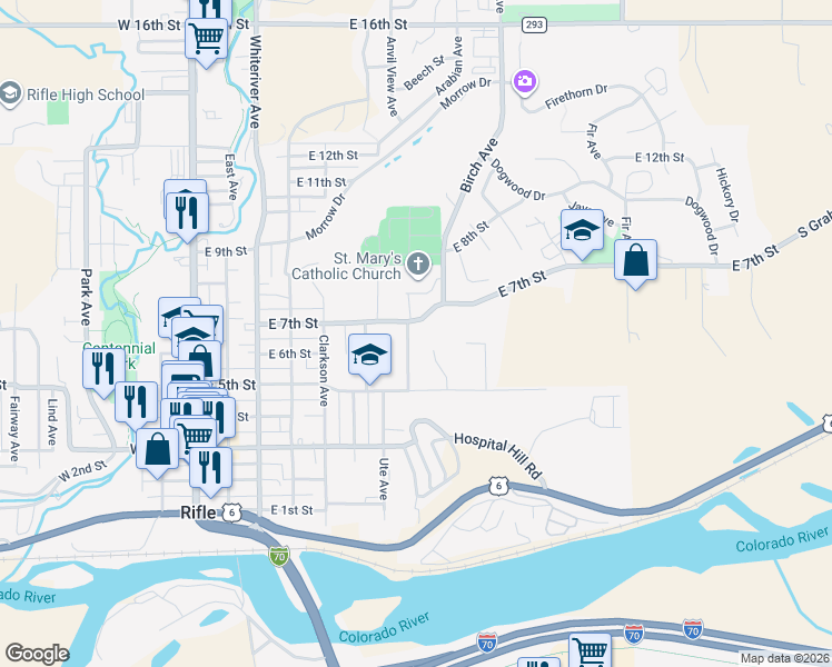 map of restaurants, bars, coffee shops, grocery stores, and more near 800-1098 East 7th Street in Rifle