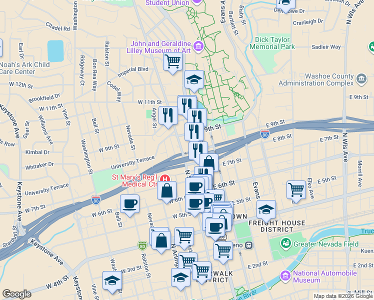 map of restaurants, bars, coffee shops, grocery stores, and more near 840 North Sierra Street in Reno