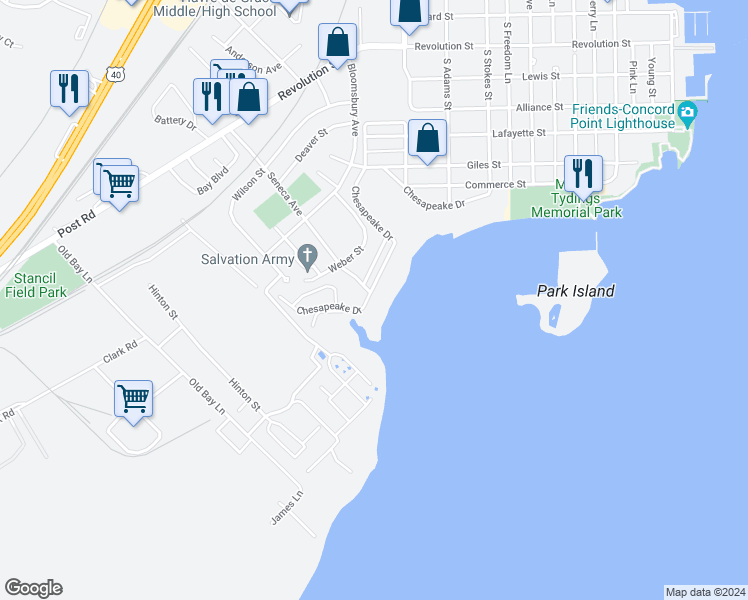 map of restaurants, bars, coffee shops, grocery stores, and more near 1020 Chesapeake Drive in Havre de Grace