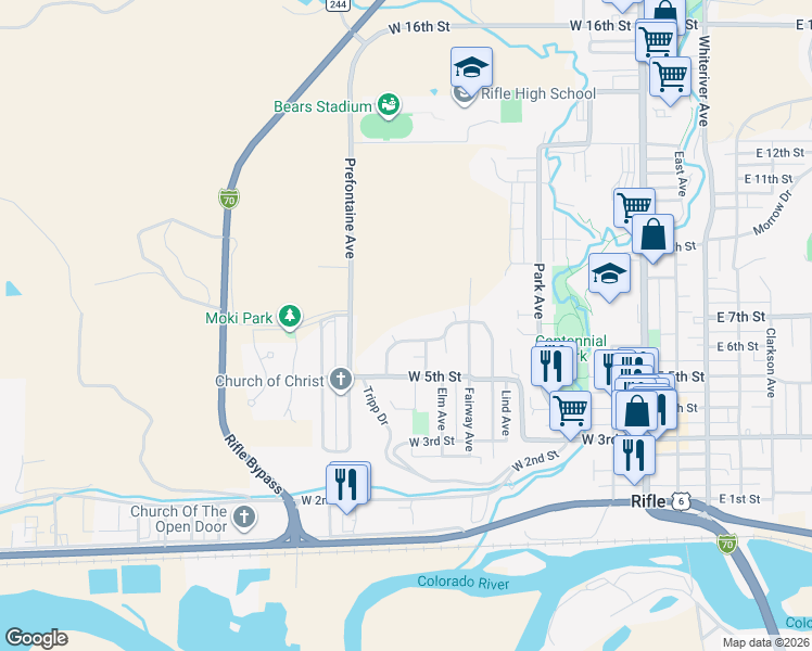 map of restaurants, bars, coffee shops, grocery stores, and more near 1016 Wamsley Way in Rifle