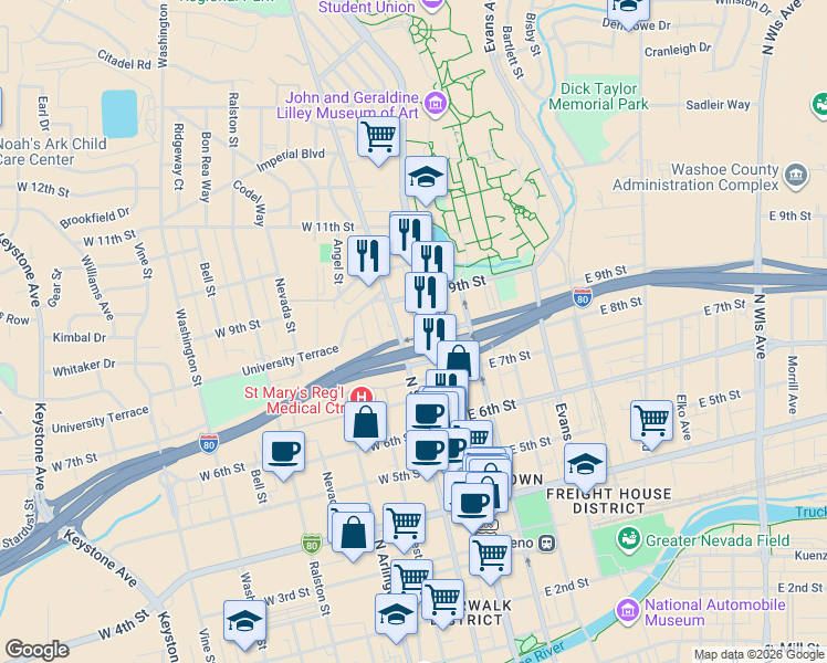 map of restaurants, bars, coffee shops, grocery stores, and more near 840 North Sierra Street in Reno