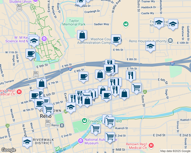 map of restaurants, bars, coffee shops, grocery stores, and more near 606 East 7th Street in Reno