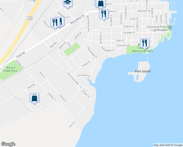 map of restaurants, bars, coffee shops, grocery stores, and more near 1024 Chesapeake Drive in Havre de Grace