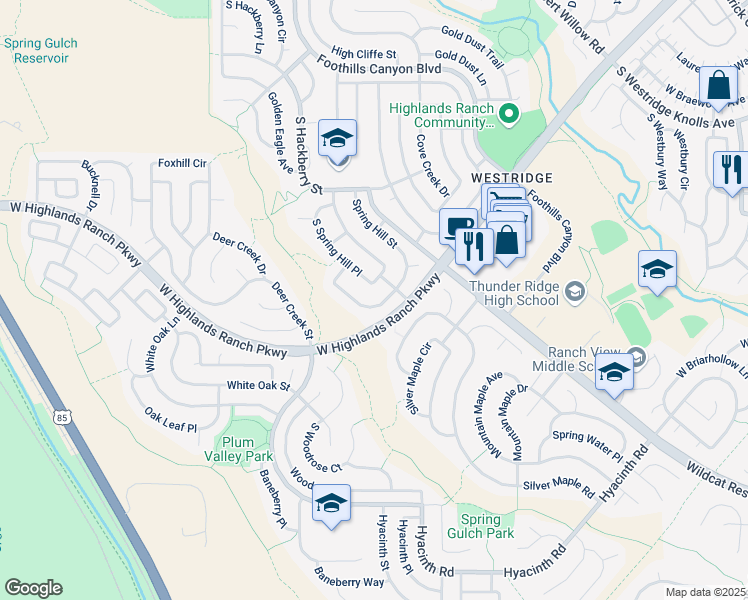 map of restaurants, bars, coffee shops, grocery stores, and more near 9981 South Spring Hill Place in Littleton