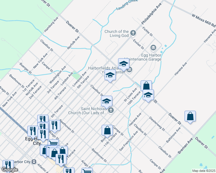 map of restaurants, bars, coffee shops, grocery stores, and more near 601 Buffalo Avenue in Egg Harbor City
