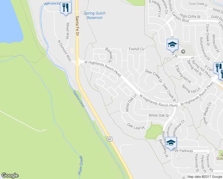 map of restaurants, bars, coffee shops, grocery stores, and more near 3609 Seramonte Drive in Littleton