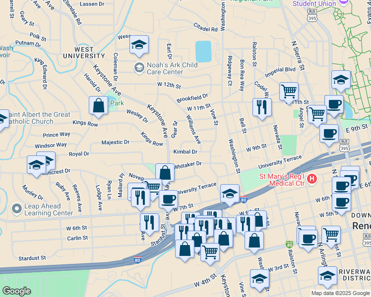 map of restaurants, bars, coffee shops, grocery stores, and more near 952 Melba Drive in Reno