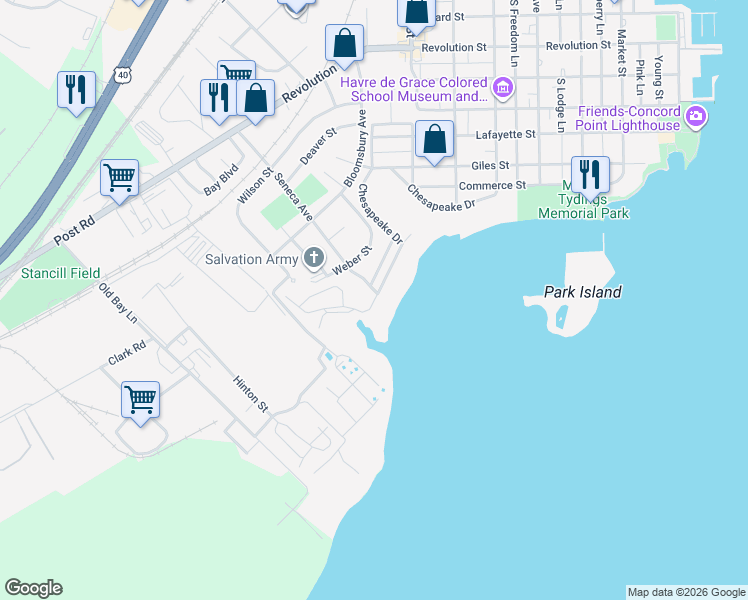 map of restaurants, bars, coffee shops, grocery stores, and more near 1022 Chesapeake Drive in Havre de Grace