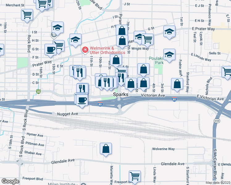 map of restaurants, bars, coffee shops, grocery stores, and more near 814 Victorian Avenue in Sparks