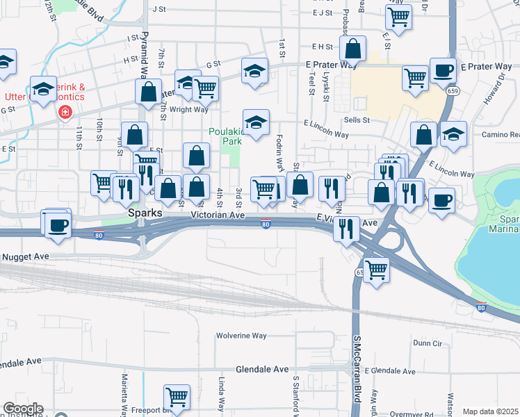 map of restaurants, bars, coffee shops, grocery stores, and more near 231 1st Street in Sparks