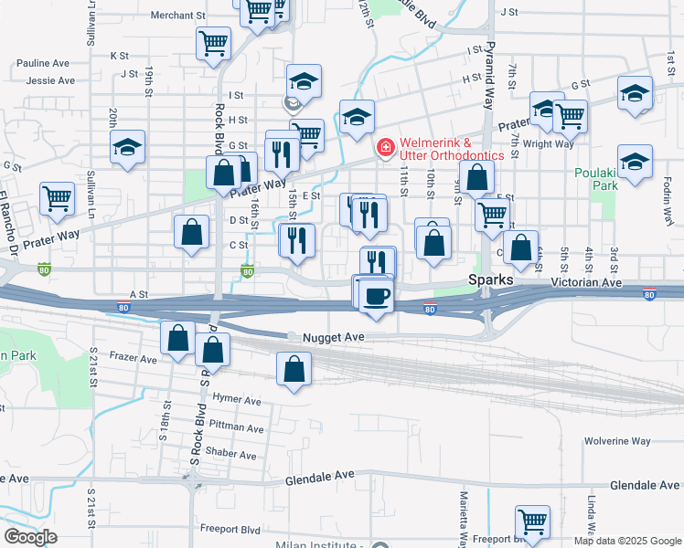 map of restaurants, bars, coffee shops, grocery stores, and more near 1324 Victorian Avenue in Sparks