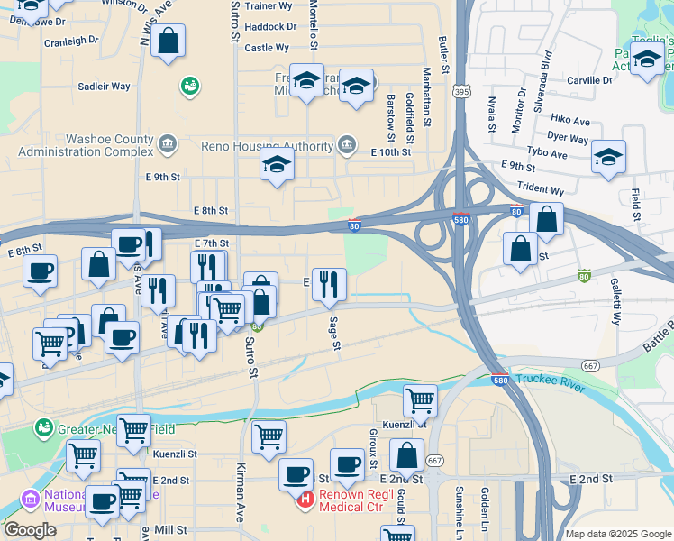 map of restaurants, bars, coffee shops, grocery stores, and more near 1400 East 7th Street in Reno