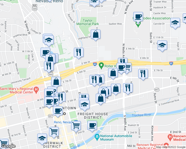 map of restaurants, bars, coffee shops, grocery stores, and more near 765 Valley Road in Reno