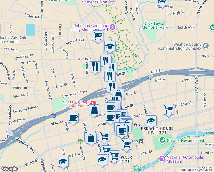 map of restaurants, bars, coffee shops, grocery stores, and more near 840 North Sierra Street in Reno
