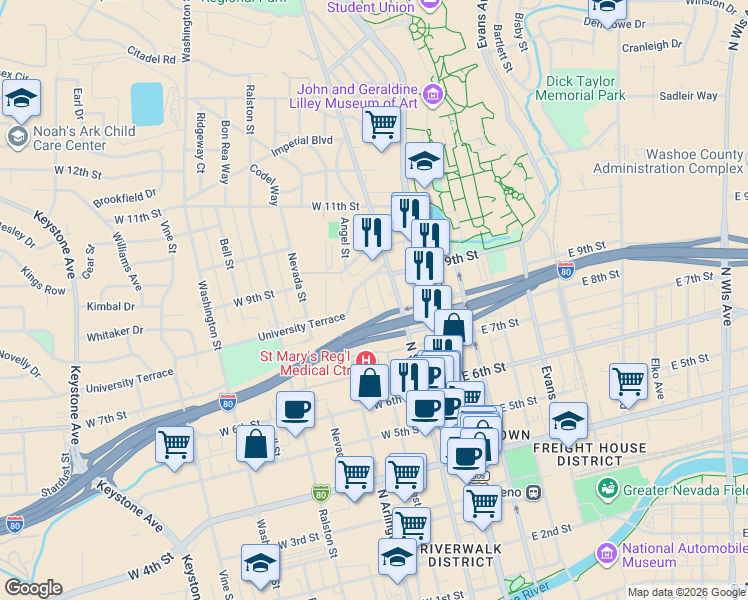 map of restaurants, bars, coffee shops, grocery stores, and more near 792 West Street in Reno