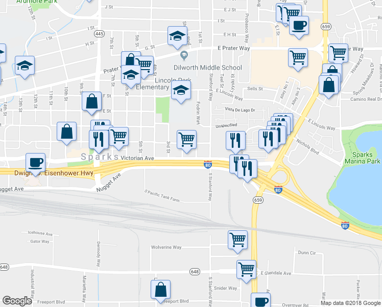 map of restaurants, bars, coffee shops, grocery stores, and more near 114 Victorian Avenue in Sparks