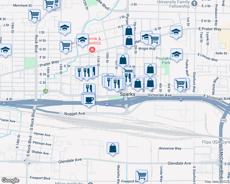 map of restaurants, bars, coffee shops, grocery stores, and more near 829 C Street in Sparks
