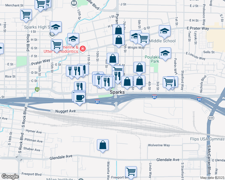 map of restaurants, bars, coffee shops, grocery stores, and more near 814 Victorian Avenue in Sparks