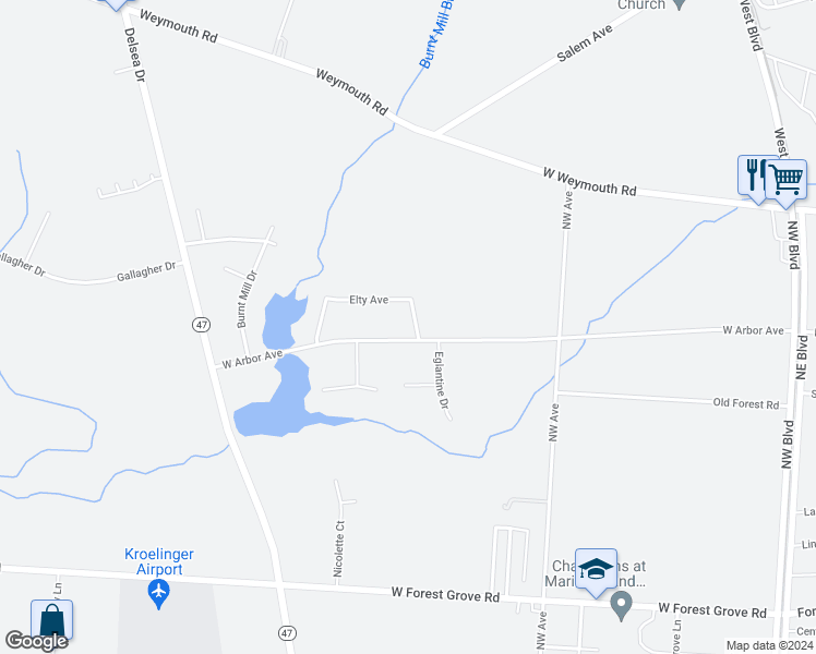 map of restaurants, bars, coffee shops, grocery stores, and more near 829 Bruun Avenue in Vineland