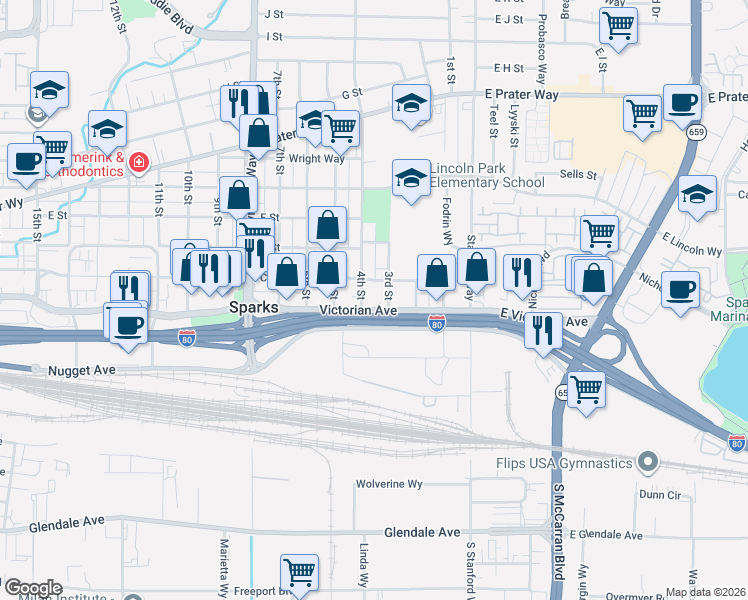 map of restaurants, bars, coffee shops, grocery stores, and more near 230 4th Street in Sparks