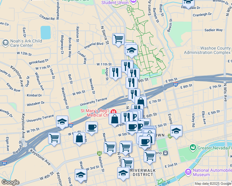 map of restaurants, bars, coffee shops, grocery stores, and more near 792 West Street in Reno