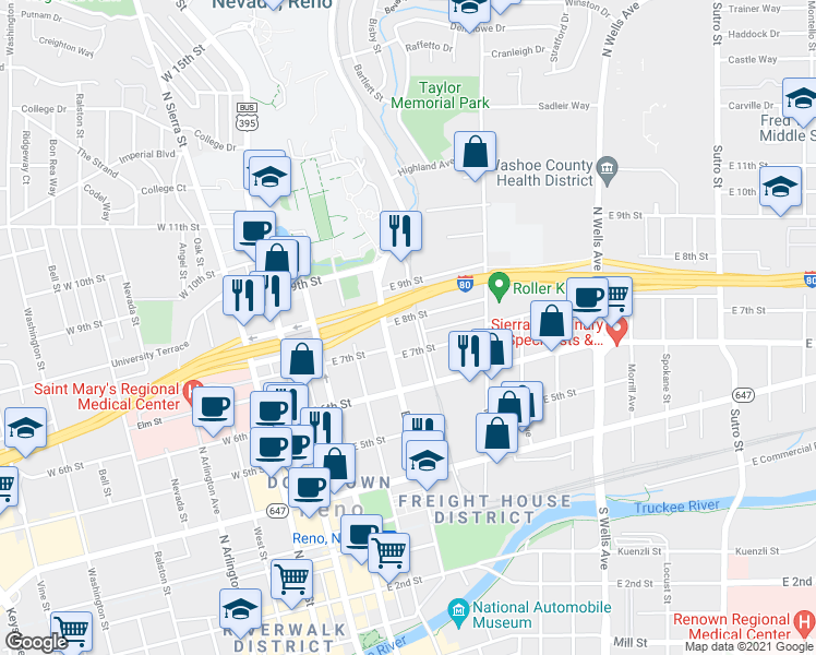map of restaurants, bars, coffee shops, grocery stores, and more near 726 Evans Avenue in Reno