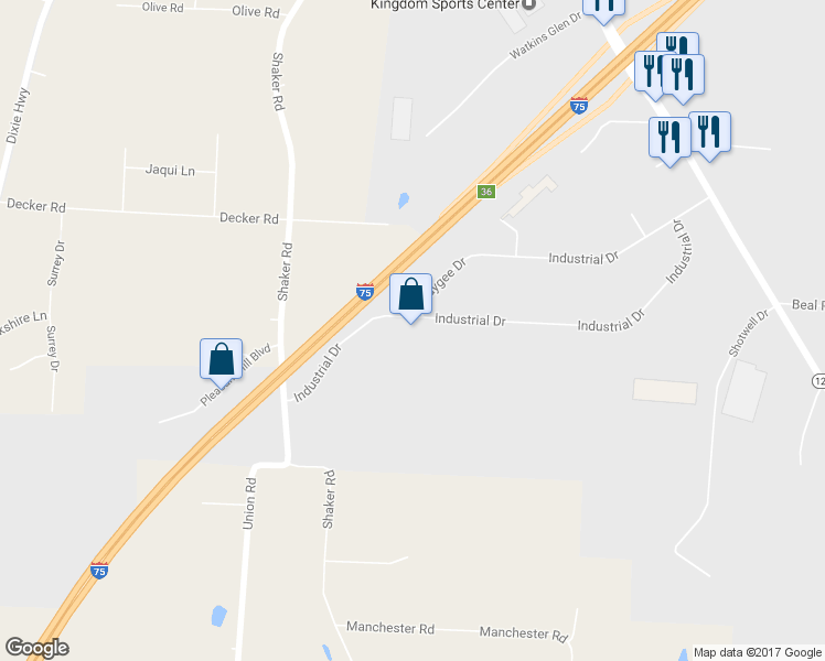 map of restaurants, bars, coffee shops, grocery stores, and more near 265 Industrial Drive in Franklin