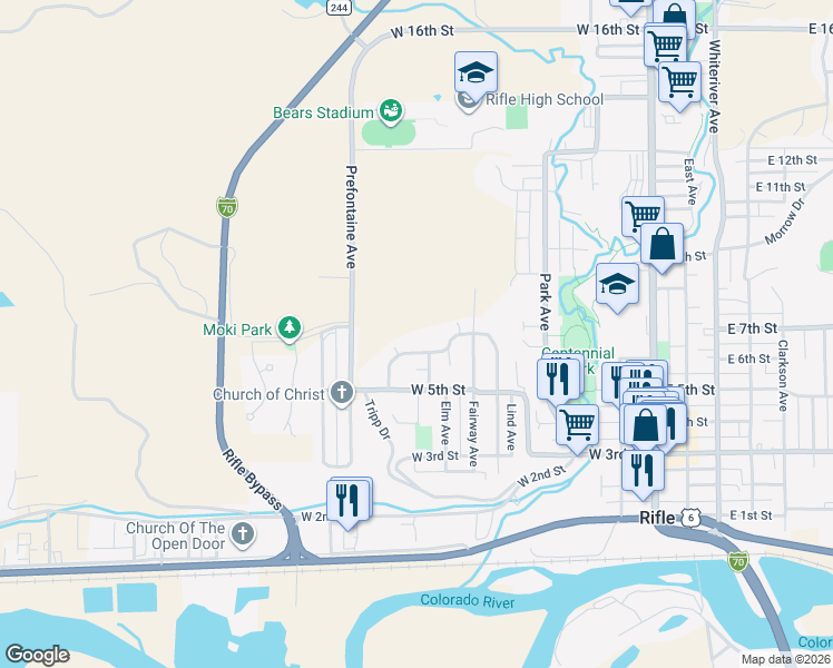map of restaurants, bars, coffee shops, grocery stores, and more near 1016 Wamsley Way in Rifle