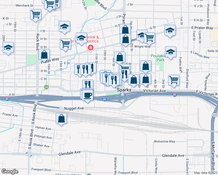 map of restaurants, bars, coffee shops, grocery stores, and more near 214 10th Street in Sparks