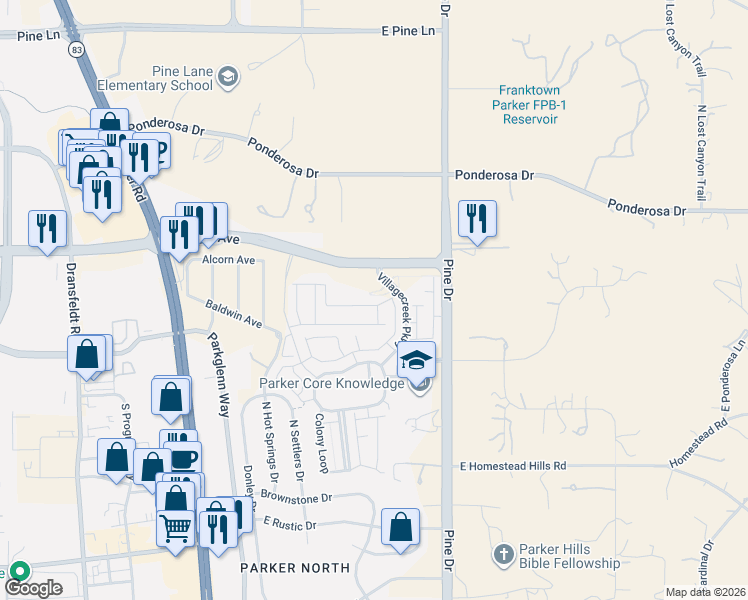 map of restaurants, bars, coffee shops, grocery stores, and more near 6845 Zebra Grass Lane in Parker