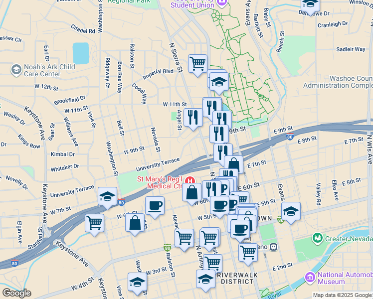 map of restaurants, bars, coffee shops, grocery stores, and more near 792 West Street in Reno