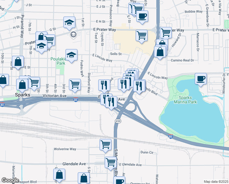map of restaurants, bars, coffee shops, grocery stores, and more near 205 Nichols Blvd in Sparks
