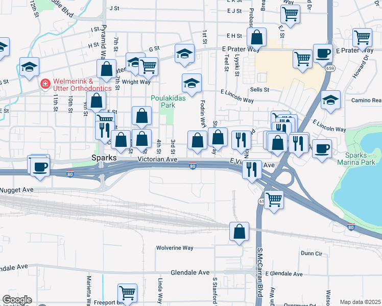 map of restaurants, bars, coffee shops, grocery stores, and more near 231 1st Street in Sparks