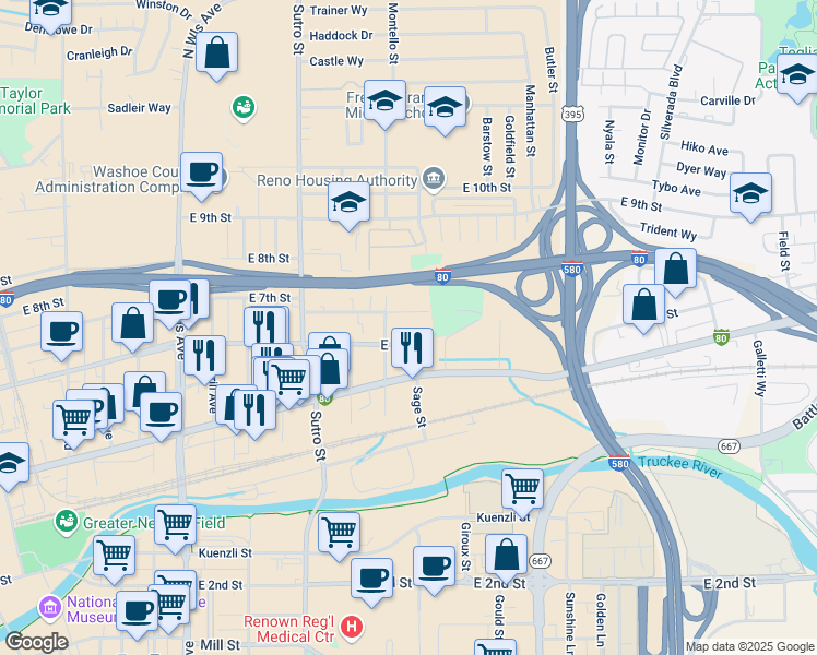 map of restaurants, bars, coffee shops, grocery stores, and more near 1400 East 7th Street in Reno