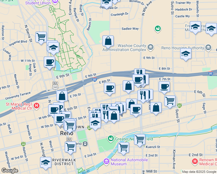 map of restaurants, bars, coffee shops, grocery stores, and more near 765 Valley Road in Reno