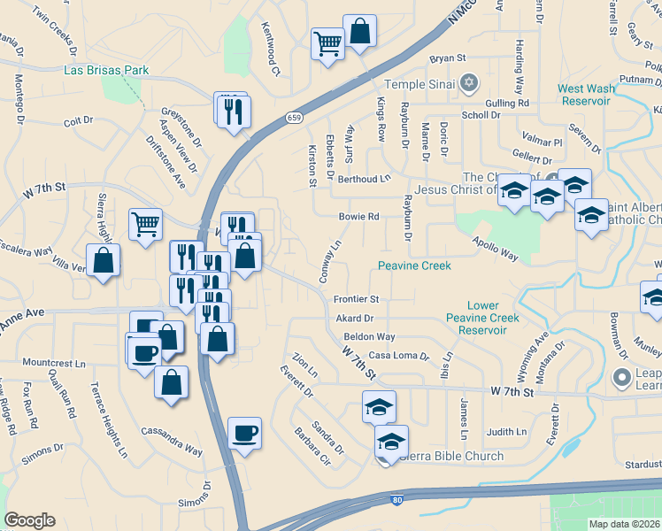 map of restaurants, bars, coffee shops, grocery stores, and more near 3825 Allen Glen Drive in Reno