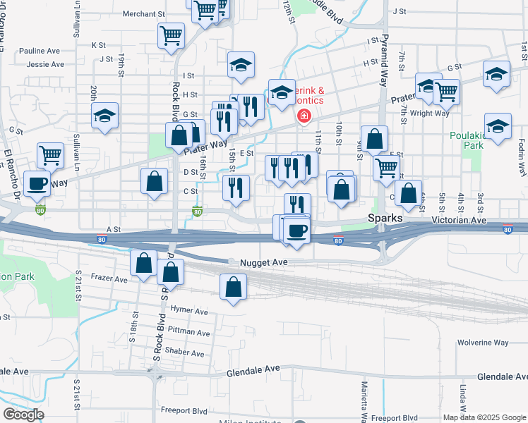 map of restaurants, bars, coffee shops, grocery stores, and more near 1324 Victorian Ave in Sparks