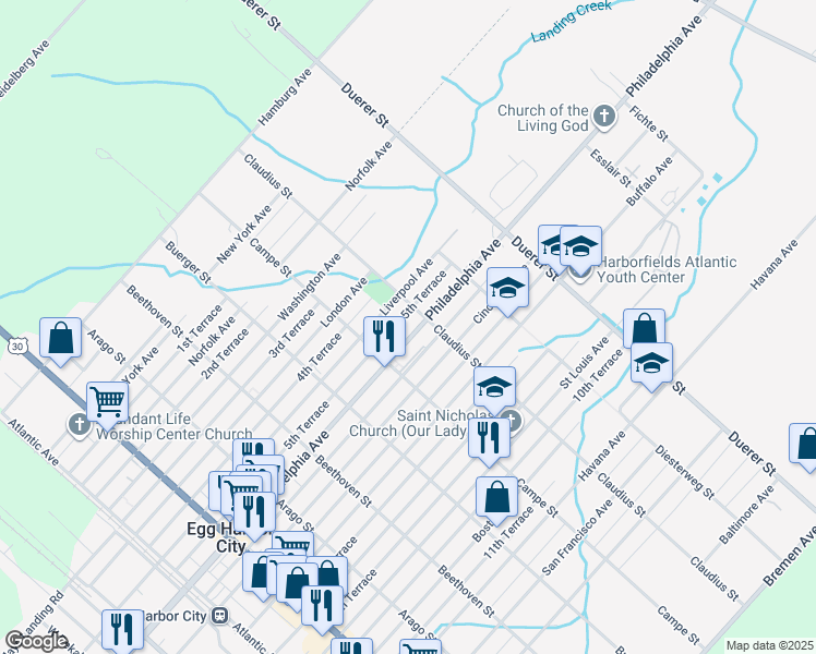 map of restaurants, bars, coffee shops, grocery stores, and more near 559 Philadelphia Avenue in Egg Harbor City