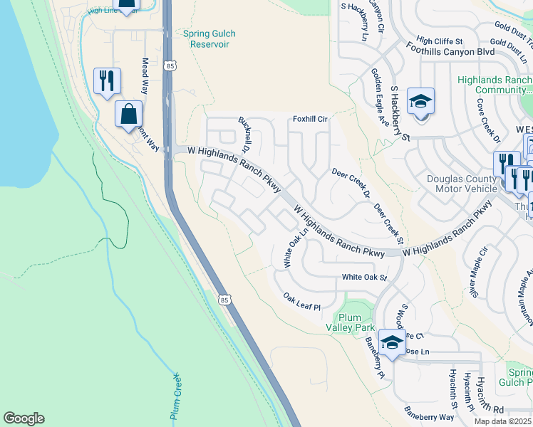 map of restaurants, bars, coffee shops, grocery stores, and more near 3597 Boardwalk Circle in Littleton