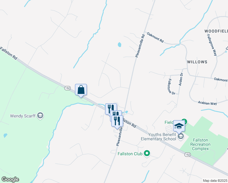 map of restaurants, bars, coffee shops, grocery stores, and more near 2108 Round Hill Road in Fallston