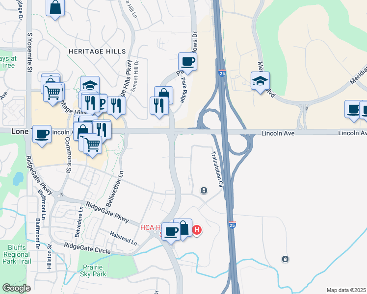 map of restaurants, bars, coffee shops, grocery stores, and more near 10020 Trainstation Circle in Lone Tree