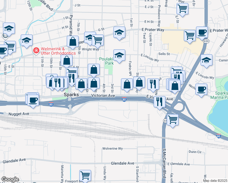 map of restaurants, bars, coffee shops, grocery stores, and more near 275 Avenue of the Oaks in Sparks