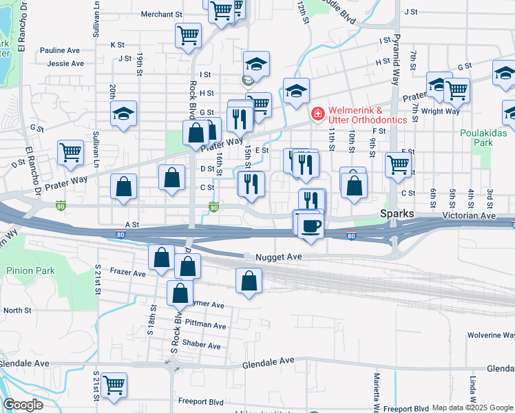 map of restaurants, bars, coffee shops, grocery stores, and more near 220 15th Street in Sparks