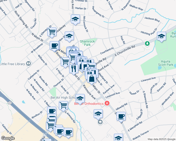 map of restaurants, bars, coffee shops, grocery stores, and more near 116 Churchville Road in Bel Air