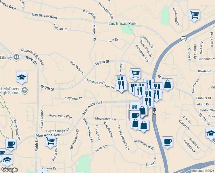 map of restaurants, bars, coffee shops, grocery stores, and more near 2175 Sierra Highlands Drive in Reno