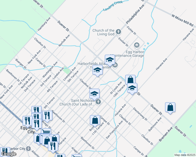 map of restaurants, bars, coffee shops, grocery stores, and more near 601 Buffalo Avenue in Egg Harbor City