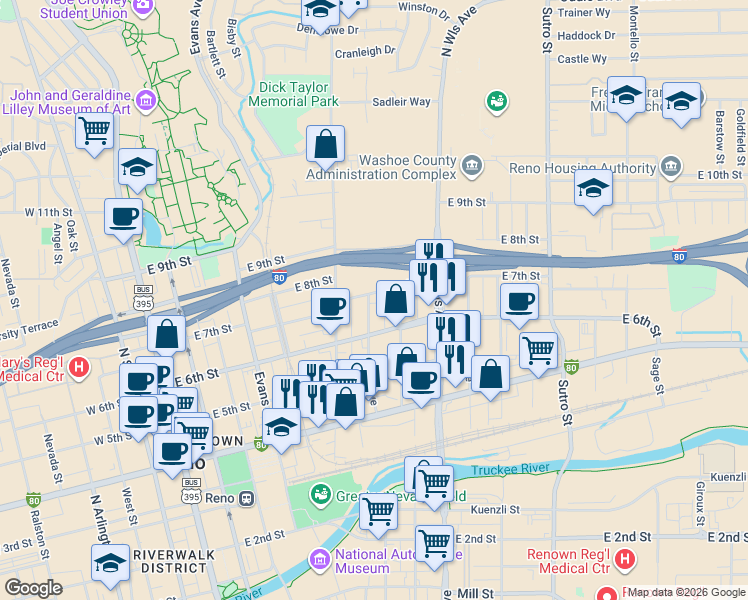 map of restaurants, bars, coffee shops, grocery stores, and more near 606 East 7th Street in Reno