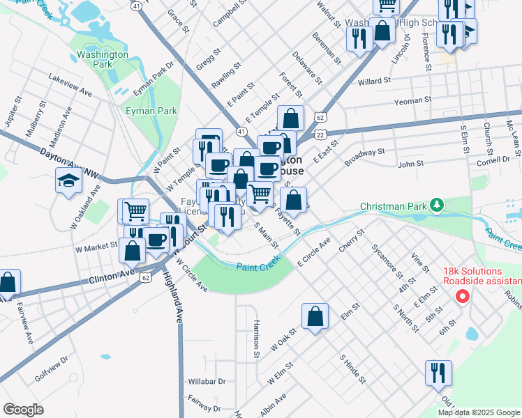 map of restaurants, bars, coffee shops, grocery stores, and more near 153 South Main Street in Washington Court House