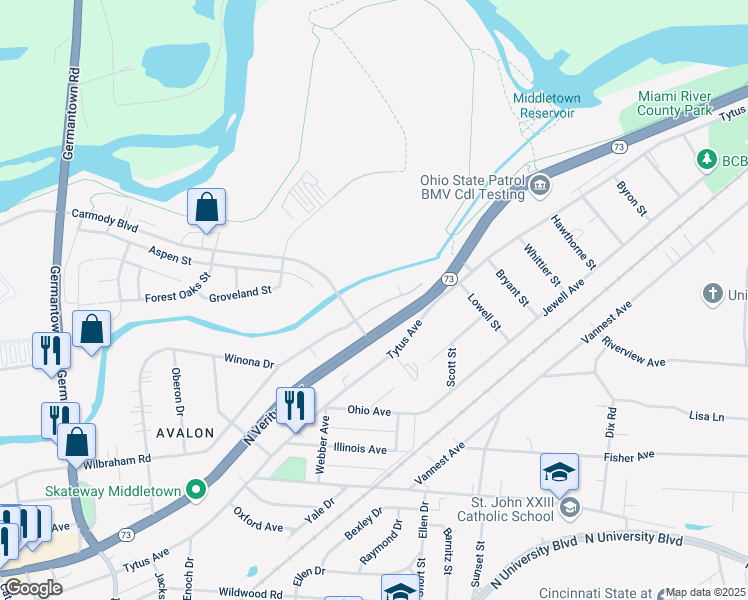 map of restaurants, bars, coffee shops, grocery stores, and more near 3125 Wilbraham Road in Middletown