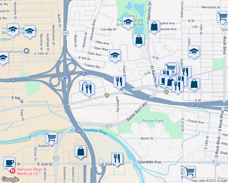 map of restaurants, bars, coffee shops, grocery stores, and more near 2799 East 4th Street in Reno
